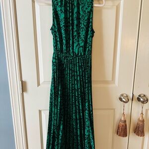 Banana Republic Green & Black Animal Print Silk Halter Pleated Maxi Dress
